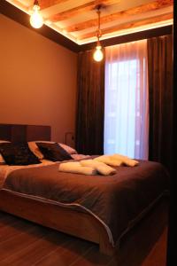 a bedroom with a bed with a window and lights at MERLIN Apartments in Zamość