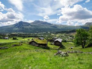 a green field with houses and mountains in the background at Snøya Lodge in Hemsedal