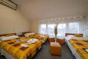 Habitación de hotel con 3 camas y ventana en Fortisline Pokoje z klimatyzcją SAUNA, en Opole