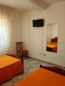 1 Schlafzimmer mit 2 Betten und einem TV an der Wand in der Unterkunft Pension Paxaro Negro in Sanxenxo