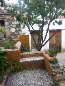 a stone bench in front of a house with a tree at Casa Curtos in Real de Catorce