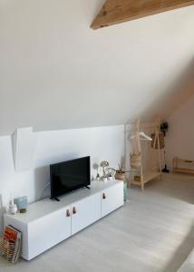 een woonkamer met een tv op een witte kast bij Studio cosy avec coin jardin in Lancieux