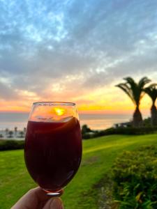 eine Person, die ein Glas Wein mit Sonnenuntergang im Hintergrund hält in der Unterkunft Puerto Velero Primera Línea Primer Piso con Jardín, Piscina y Playa! 2pax in Puerto Velero