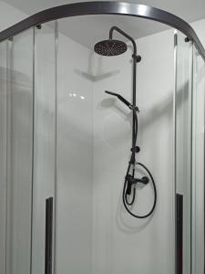 uma cabina de duche com uma bicicleta em Linowo 10 Country House em Linowo