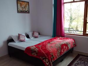 a bedroom with a bed with a red blanket and a window at Samaira home stay in Bīr +7 photos