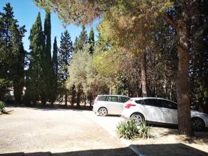 two cars parked in a parking lot with trees at Le Grenadier in Saint-Mitre-les-Remparts