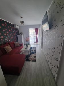 a living room with a red couch and a table at Apartament Alina in Saturn