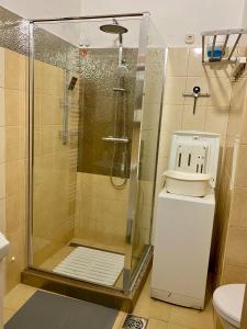 een badkamer met een douche, een toilet en een wastafel bij Pihi-Lak Apartman Siófok in Siófok