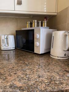 a microwave sitting on top of a kitchen counter at Ground Floor Garden Cottage, near Stonehenge in Shrewton