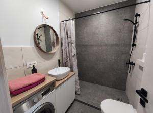 a bathroom with a sink and a washing machine at K-Town - Apartments ViaBaltic Kaunas in Kaunas +29 photos