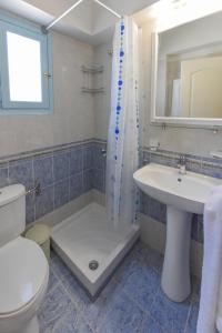 W łazience znajduje się toaleta, umywalka i prysznic. w obiekcie DEJA BLUE Maisonette w mieście Kokkari