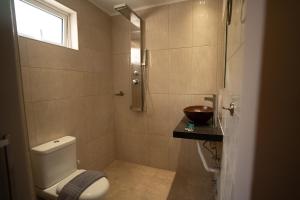 a bathroom with a toilet and a sink and a shower at Parthenis Riviera Hotel in Athens
