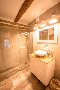 a bathroom with a sink and a shower at La Bohème. Maison de village cosy, jardin et spa. in Octon