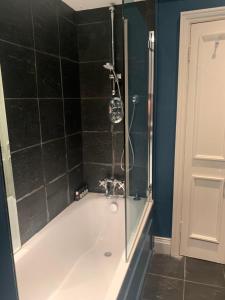 a bathroom with a bath tub with a shower at Charming and full of character in London