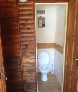 a toilet in a bathroom with a wooden door at Chatová osada OÁZA in Doksy