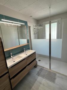 ein Bad mit einer Badewanne, einem Waschbecken und einer Dusche in der Unterkunft A L'orée du Bois in LʼÉguille