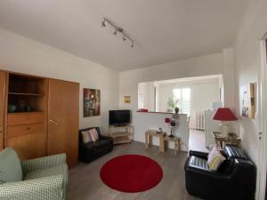 una sala de estar con 2 sofás y una alfombra roja en GRAND F3 2 Ch CALME CONFORT PARKING RIVE GAUCHE CREPS HIPPODROME GOLF, en Bellerive-sur-Allier