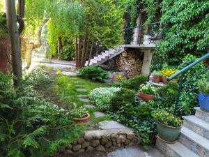 un jardin avec des plantes en pot à côté d'un bâtiment dans l'établissement Pokoje Kaja, à Jeleniewo