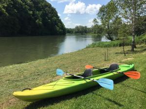 a green kayak sitting on the grass next to a river at Zacisze nad Sanem 129 a in Załuż +3 photos