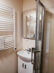 La salle de bains blanche est pourvue d'un lavabo et d'une douche. dans l'établissement Poilsio namelis po juodalksniais (Nemirseta), à Palanga
