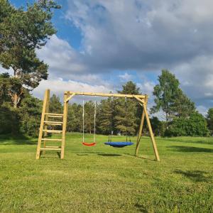 a swing set in a park with a ladder at Rožu 20 in Mērsrags