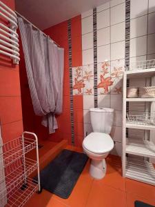 a bathroom with a white toilet in a room at Apartamentai Forest green in Nida