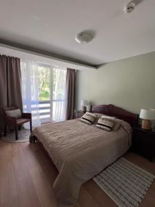Un dormitorio con una cama grande y una ventana en Apartamentai Forest green, en Nida