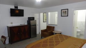 1 dormitorio con 1 cama, TV y silla en ECONOMY INN, en Brownfield