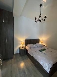 um quarto com uma cama grande e um lustre em Studio apartment with balcony in Tbilisi em Tbilisi