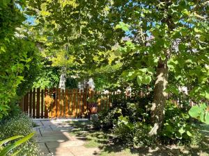 une clôture dans un jardin avec un arbre dans l'établissement Le Cottage d'Eleanor gîte de charme avec spa Jacuzzi privé, à Marçay