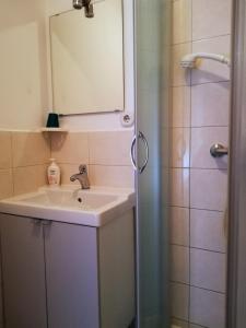 y baño con lavabo, espejo y ducha. en Villa Maslina, en Zadar