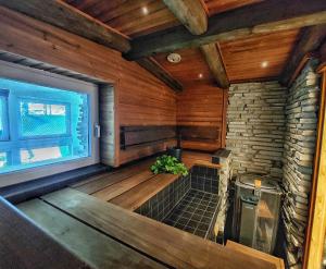 an empty sauna with a window and a plant at Chalet Norva in Rovaniemi