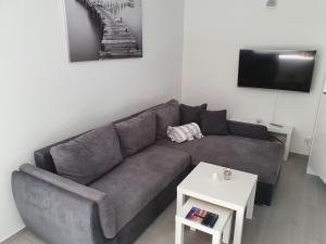 a living room with a gray couch and a table at ***FeWo Am Achterwasser *** in Lütow