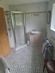 ein Badezimmer mit Dusche und Waschbecken in der Unterkunft Criccieth Family holiday house in Tremadoc + 28 Fotos