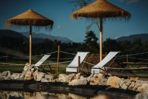 a group of chairs and umbrellas next to a body of water at Glamping alp hut in camping Garden Park in Radovljica