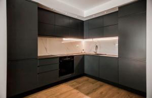 索林的住宿－Apartment Sika，厨房配有黑色橱柜和水槽