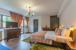 a bedroom with a large bed and a television at Vila Trubadur - Adults Only in Bran