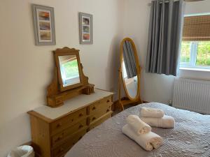 um quarto com uma cama com um espelho e uma cómoda em Ashbourne Holiday Homes em Ashbourne