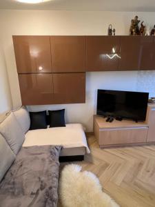 a living room with a couch and a flat screen tv at Ruta 15 in Nida
