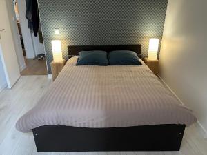 1 cama en un dormitorio con 2 lámparas en ambos lados en Le coquillage magique en Granville