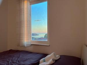 een slaapkamer met een raam met uitzicht op de oceaan bij Sea view apartment Poreč in Poreč