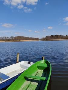 un barco verde sentado en medio de un lago en Ferienwohnung Jano - Residenz am See, en Lalendorf