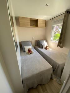 two beds in a small room with two teddy bears at Mobil home de charme in Fréjus