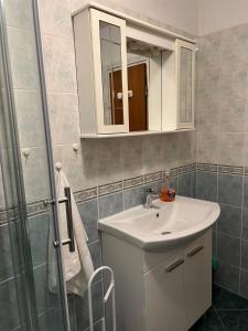 een badkamer met een witte wastafel en een douche bij Sea view apartment Poreč in Poreč