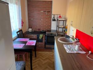 a kitchen with a table and a brick wall at Ankur kortermajutus in Mustvee