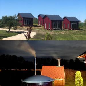 dos fotos de una casa roja y un barril en Ambro Krasts, en Maskava