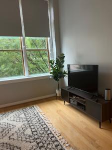a living room with a flat screen tv and a rug at Downtown Norfolk Loft in Norfolk