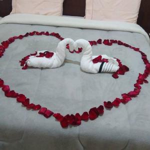 ein Bett mit zwei weißen Schwänen im Herzen in der Unterkunft Chalé Portal Lazer in Gonçalves