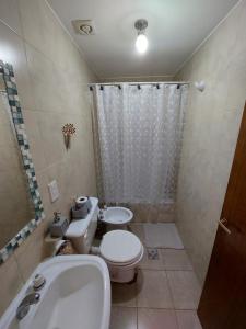 uma casa de banho com um WC, um lavatório e um chuveiro em Alarken em Ushuaia