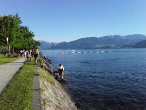 a group of people standing on the edge of a body of water at Altstadt Bed&Bike in Gmunden